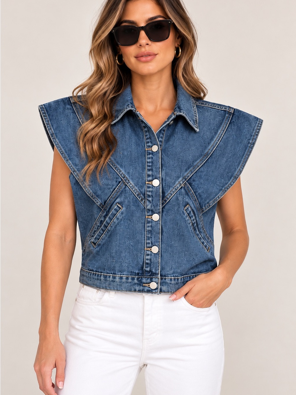 Sleeveless Blue Denim Button-Front Vest Top